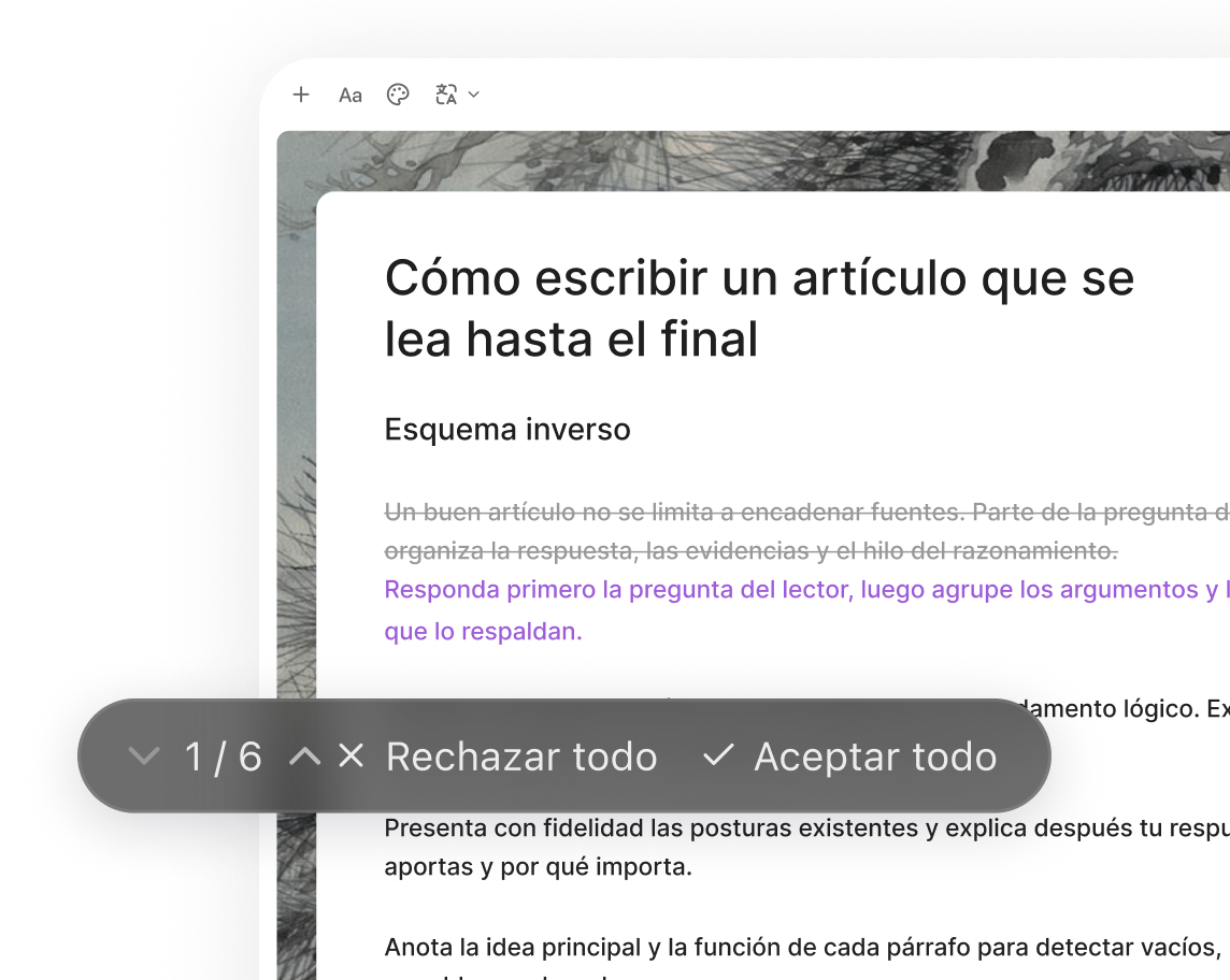 Una revisión de cambio de artículo con controles de aceptación y rechazo.