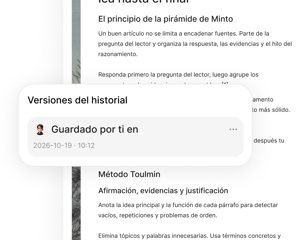Historial de versiones del artículo abierto sobre un documento editable