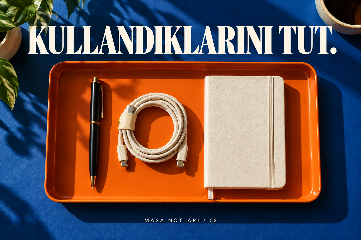 Kullandıklarını tut: kalem, kablo ve defter içeren tepsi.