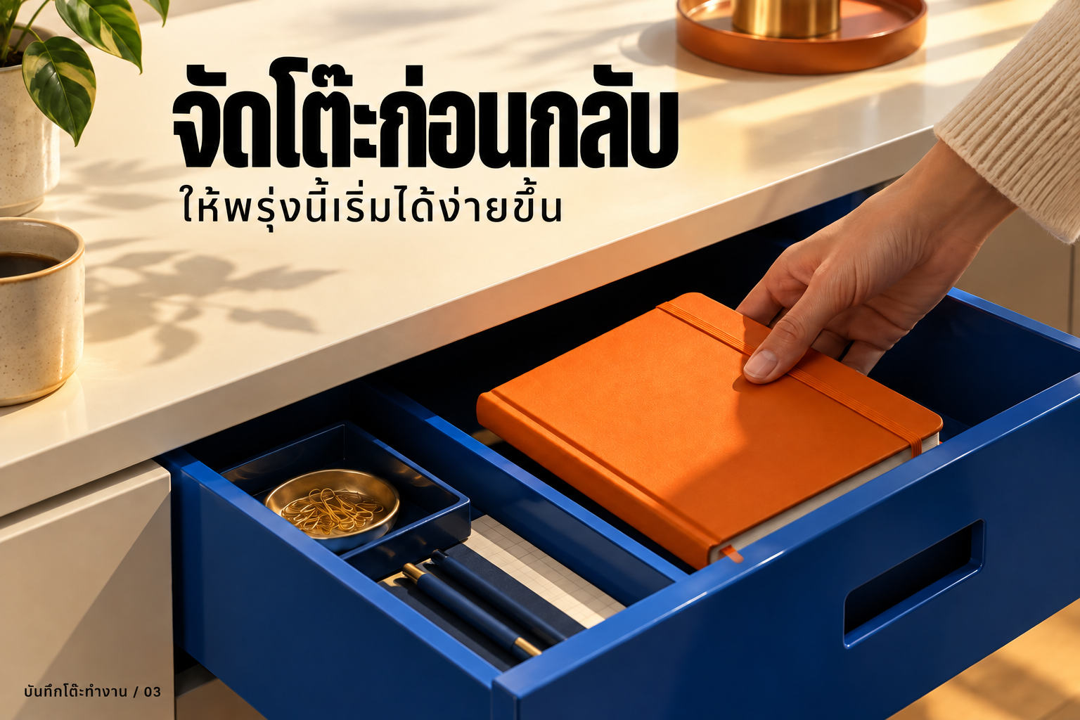 จัดโต๊ะก่อนกลับ กำลังเก็บสมุดในลิ้นชัก