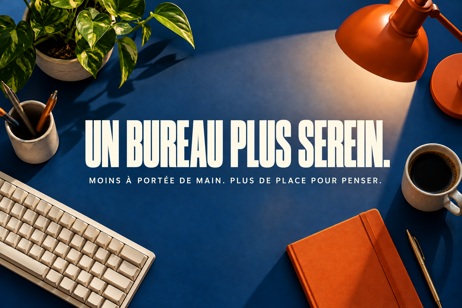 Un bureau serein : surface bleu cobalt, clavier crème et carnet orange.