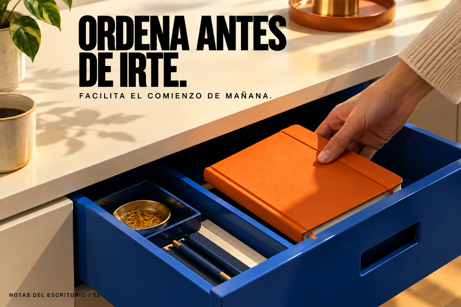 Ordena antes de salir: guardando un cuaderno en un cajón.