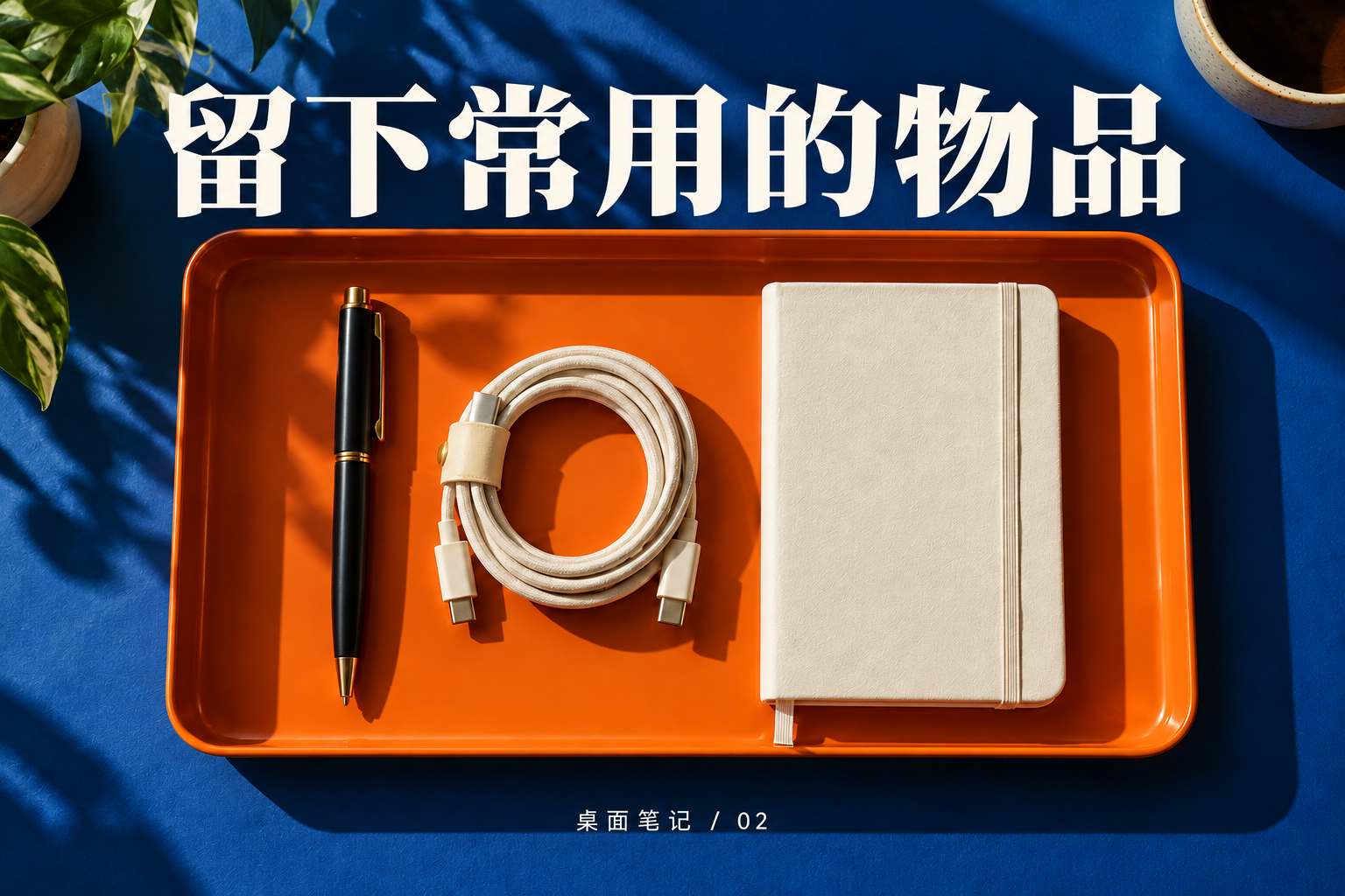 留下常用的东西：托盘里的笔、线材和笔记本。