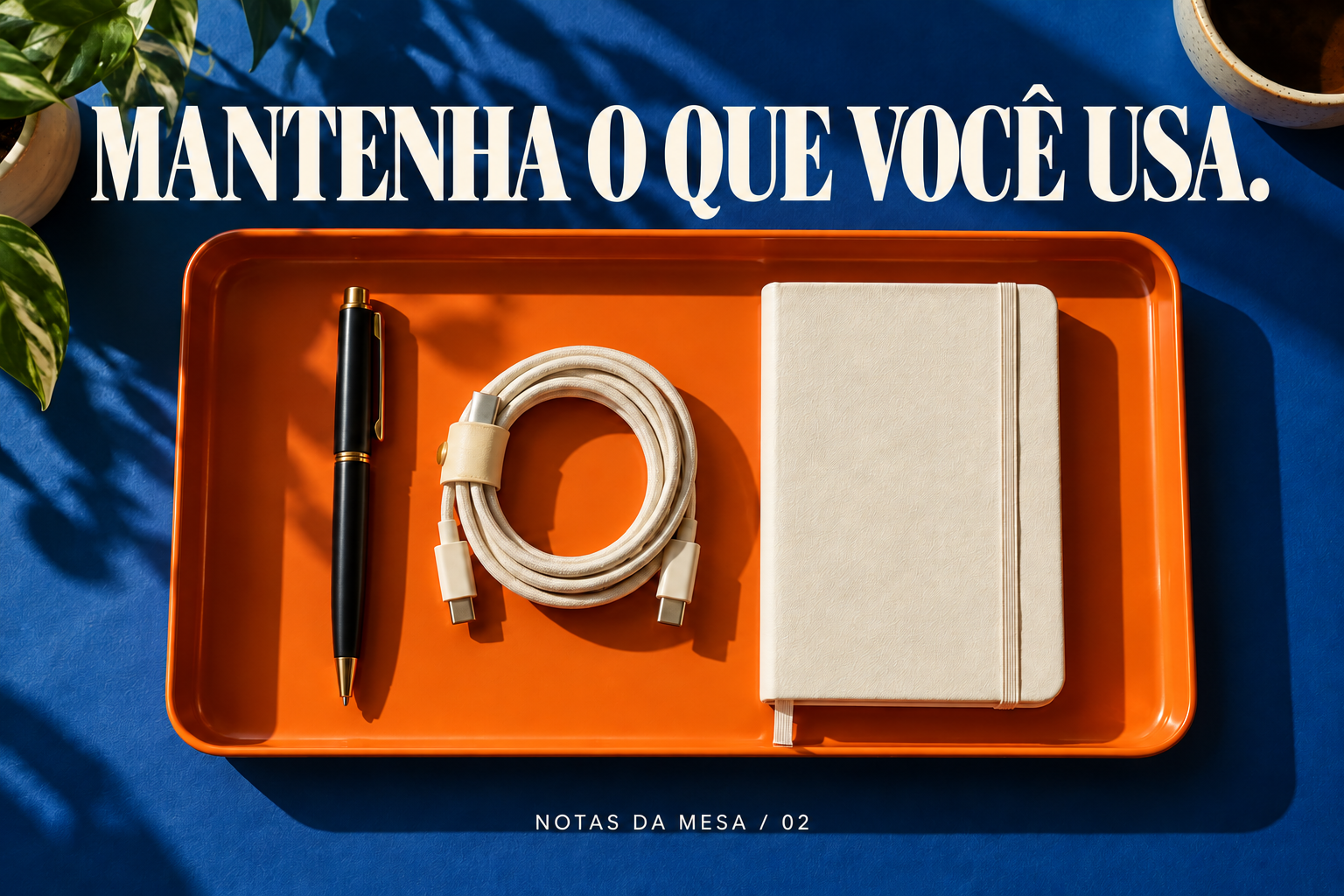 Mantenha o que usa: bandeja com caneta, cabo e caderno.