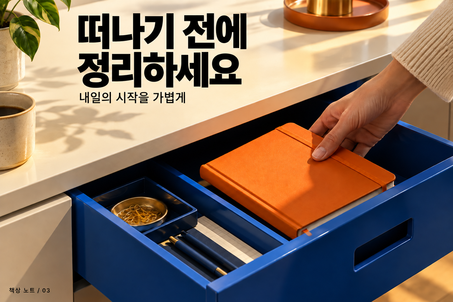 떠나기 전에 정리하기: 노트를 서랍에 넣는 모습.