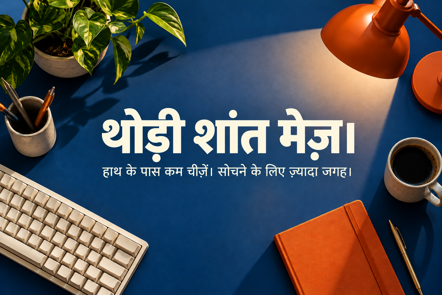 शांत मेज़: कोबाल्ट नीली सतह, क्रीम कीबोर्ड और नारंगी नोटबुक।