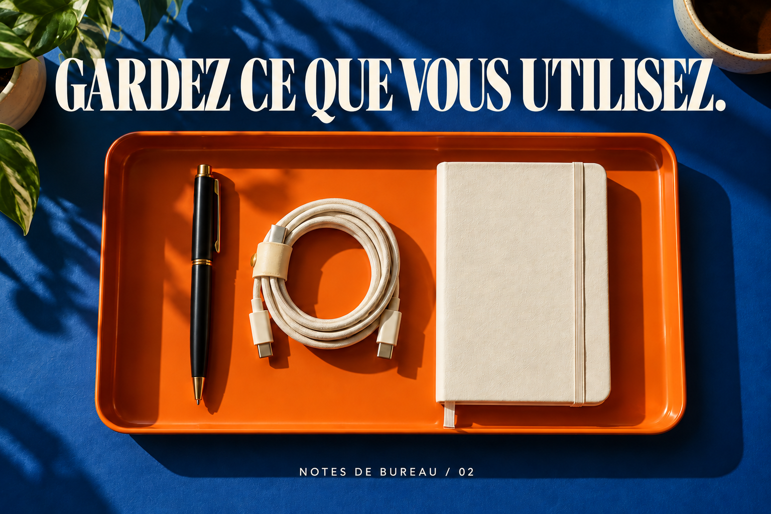 Garder l’utile : plateau avec stylo, câble et carnet.