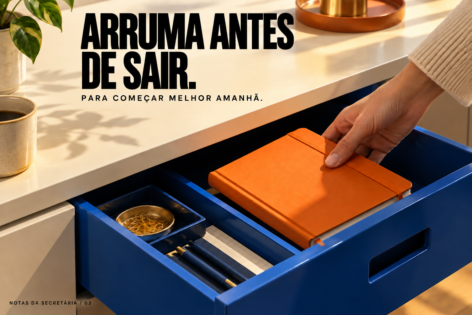 Organiza antes de sair: guardando um caderno na gaveta.