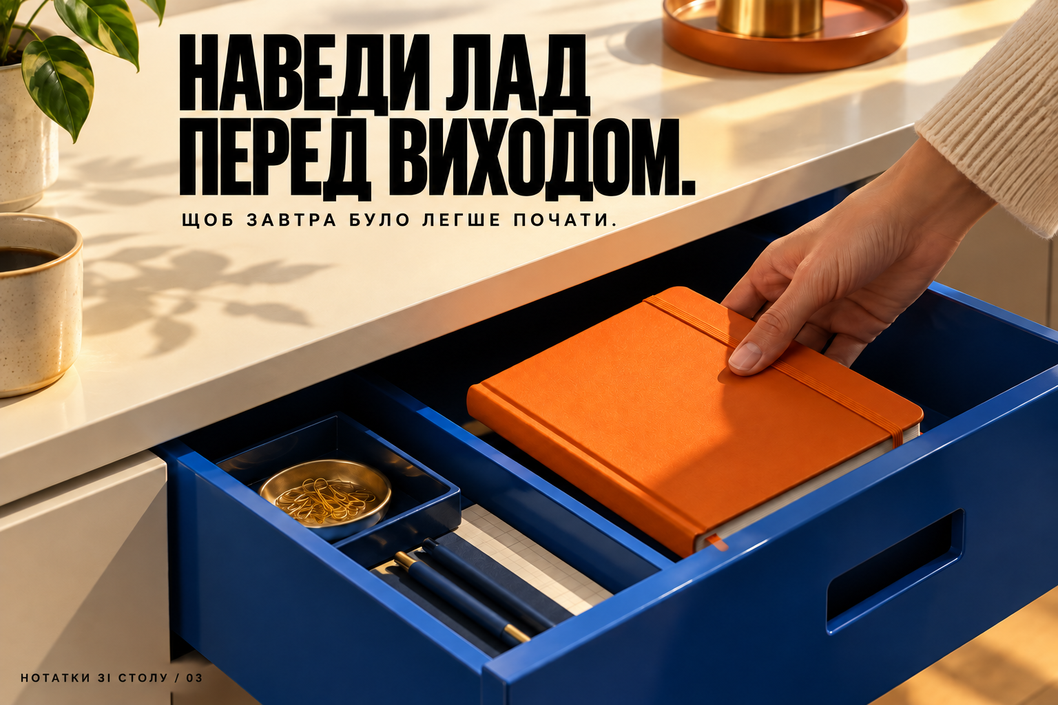 Порядок перед виходом: нотатник кладуть у шухляду.