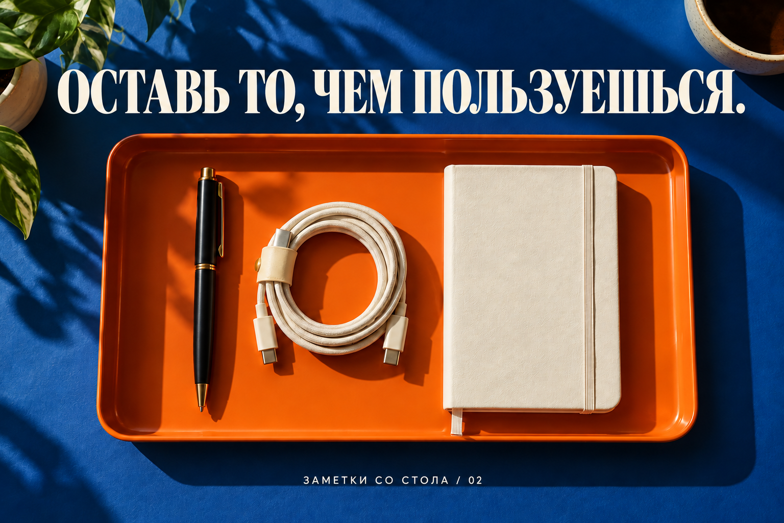 Оставить нужное: поднос с ручкой, кабелем и блокнотом.