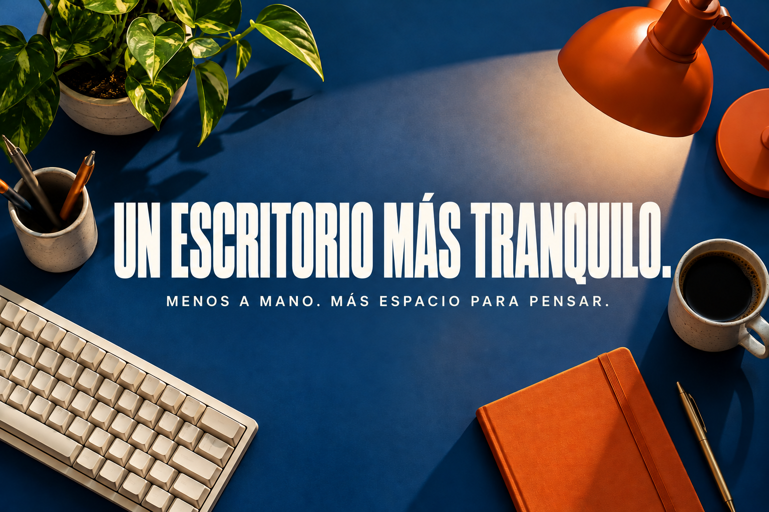 Escritorio tranquilo: mesa azul cobalto, teclado crema y cuaderno naranja.
