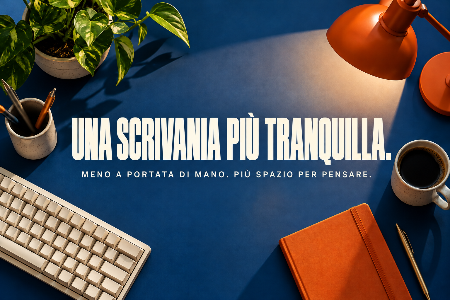 Scrivania tranquilla: piano blu cobalto, tastiera crema e quaderno arancione.