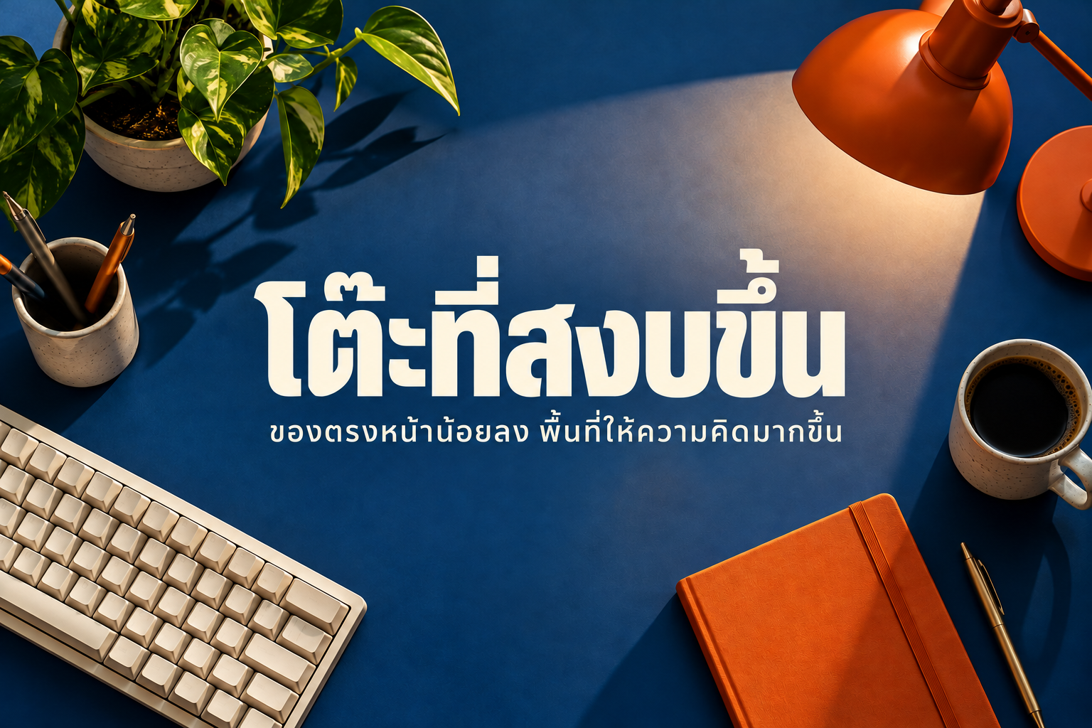 โต๊ะสงบขึ้น พื้นสีน้ำเงินโคบอลต์ คีย์บอร์ดครีม และสมุดสีส้ม