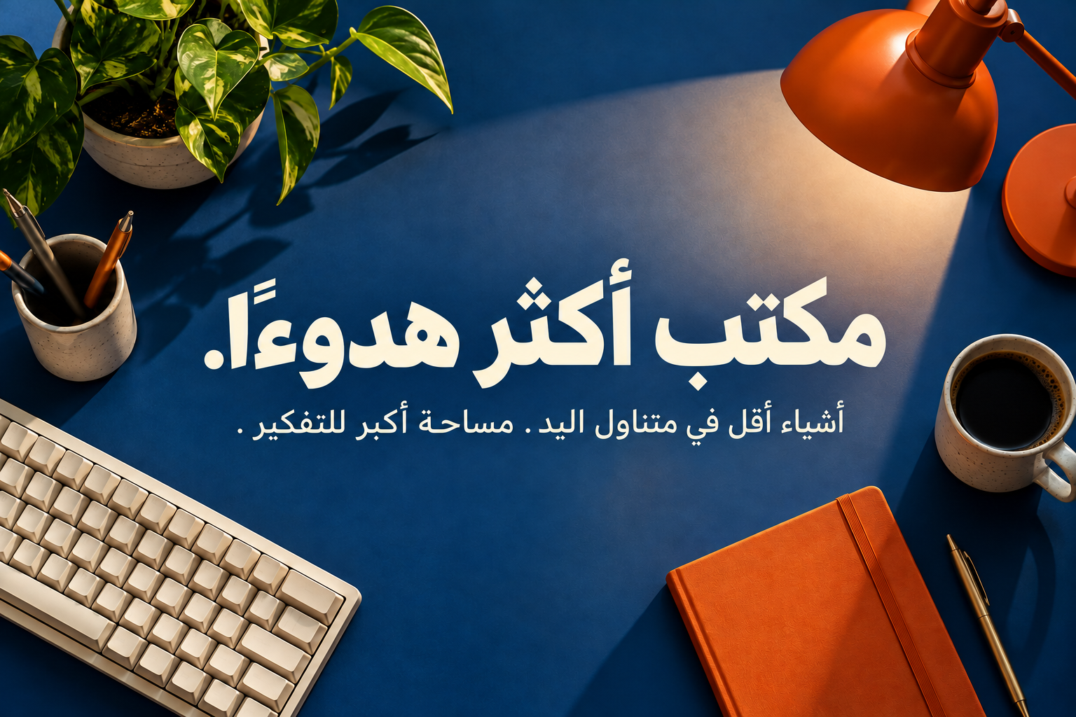 مكتب هادئ: سطح أزرق كوبالت ولوحة مفاتيح كريمية ودفتر برتقالي.