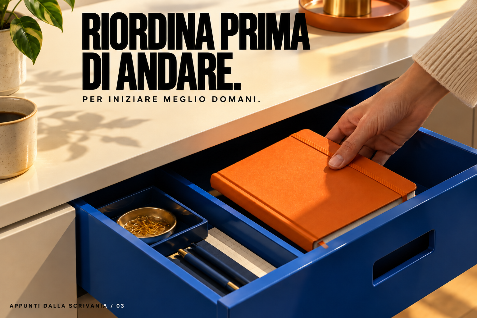 Riordino prima di andare: un quaderno riposto nel cassetto.