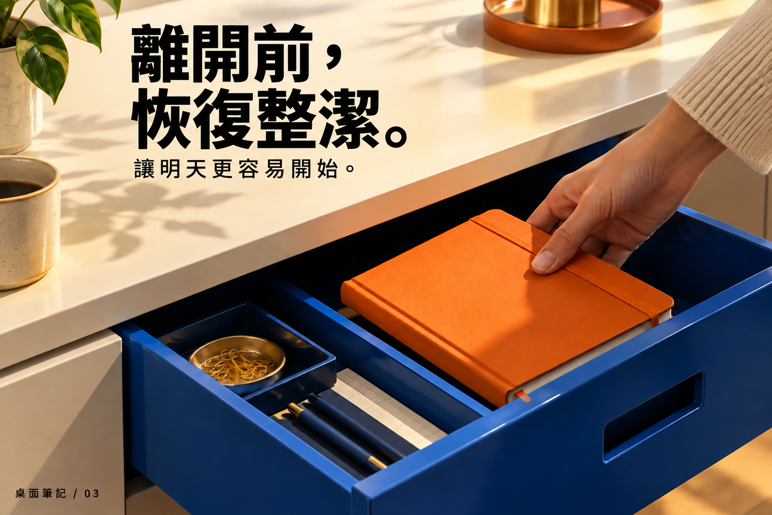 離開前恢復整潔：把筆記本收進抽屜。