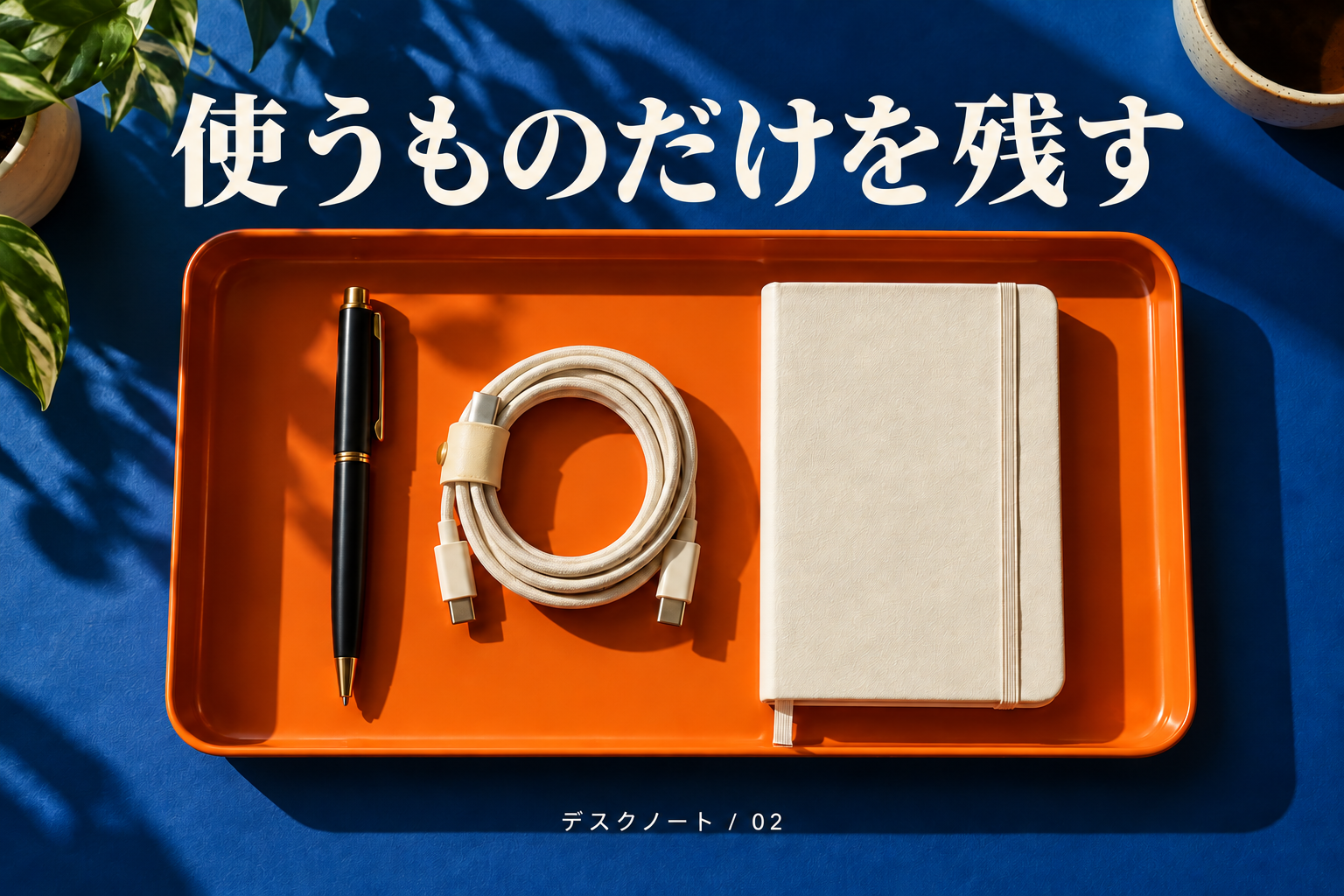 使うものを残す。トレーにペン、ケーブル、ノート。