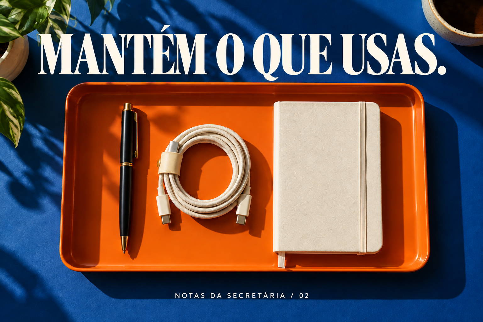 Mantém o que usas: tabuleiro com caneta, cabo e caderno.