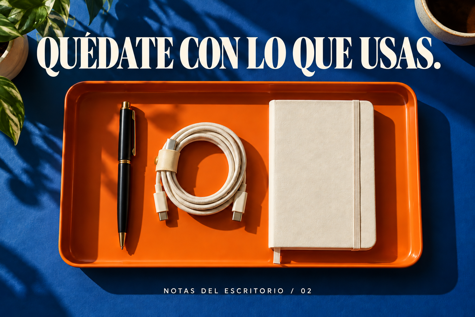 Conserva lo útil: bandeja con bolígrafo, cable y cuaderno.