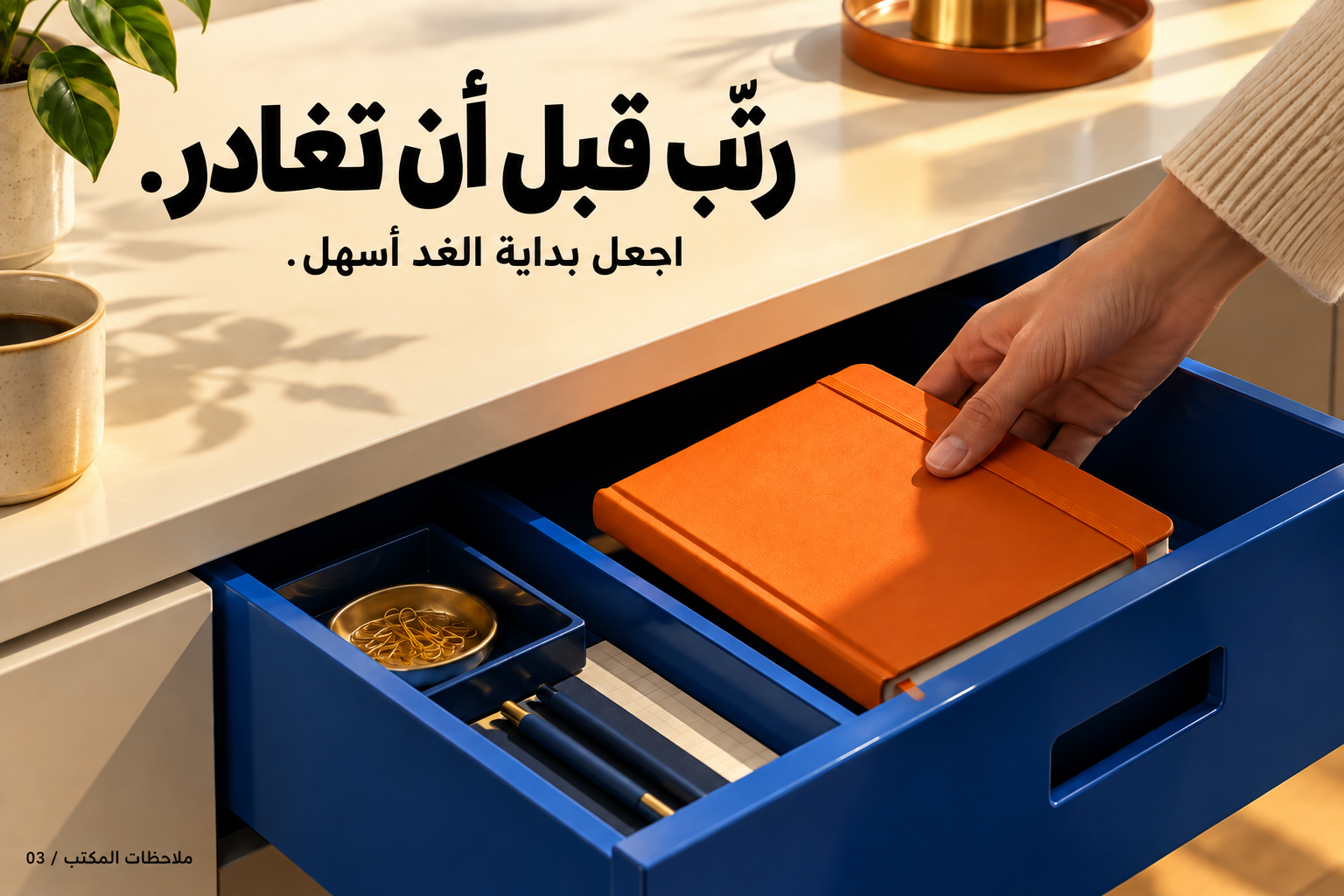 الترتيب قبل المغادرة: وضع دفتر في الدرج.