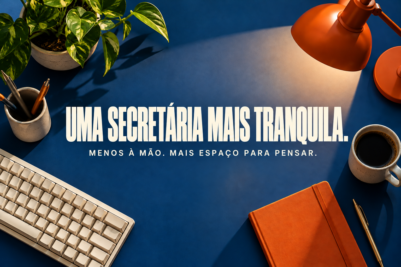Secretária tranquila: superfície azul-cobalto, teclado creme e caderno laranja.
