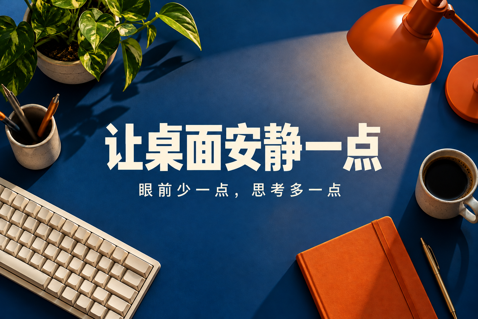 安静一点的桌面：钴蓝桌面、米白键盘与橙色笔记本。