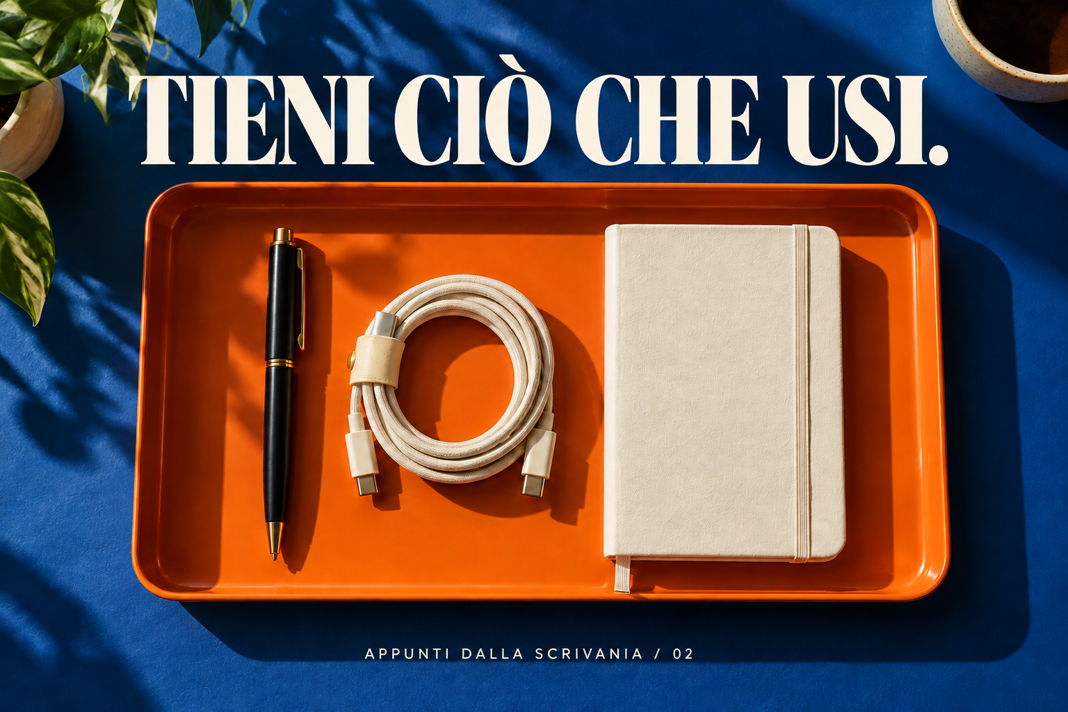 Conserva ciò che usi: vassoio con penna, cavo e quaderno.