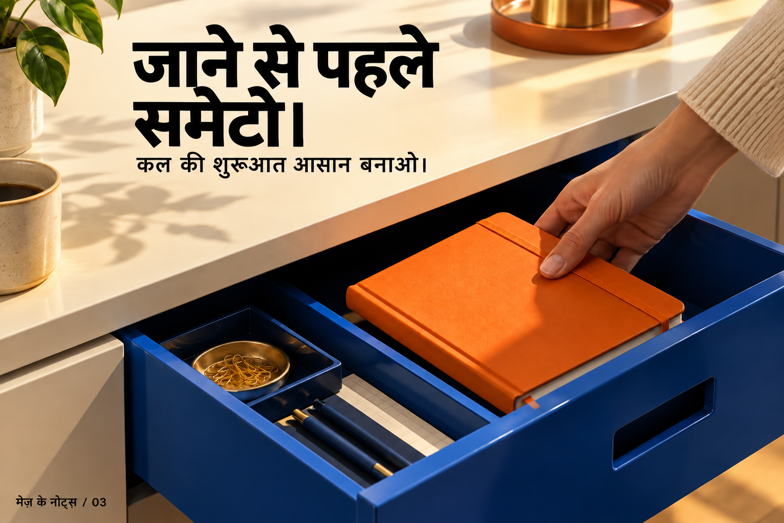 जाने से पहले समेटो: नोटबुक को दराज़ में रखना।