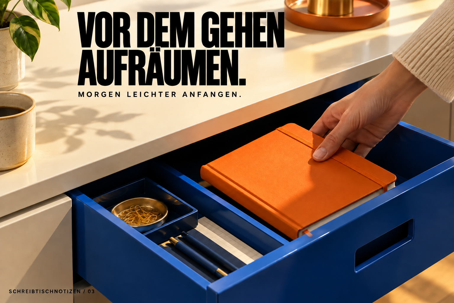 Vor dem Gehen aufräumen: Ein Notizbuch wird in die Schublade gelegt.