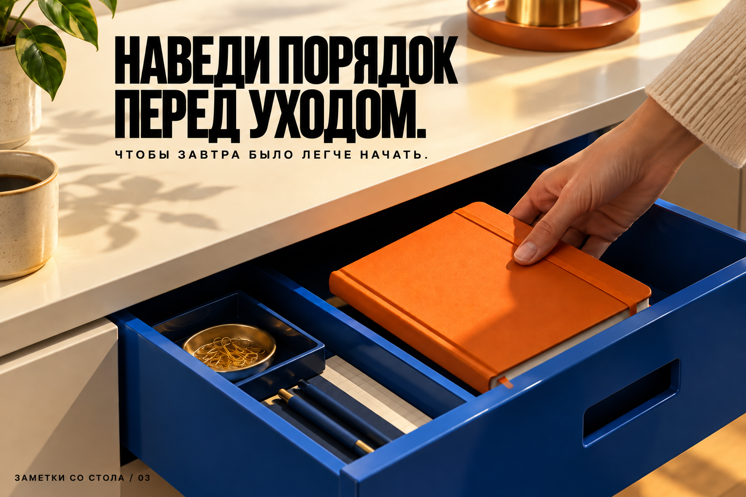 Порядок перед уходом: блокнот убирают в ящик.