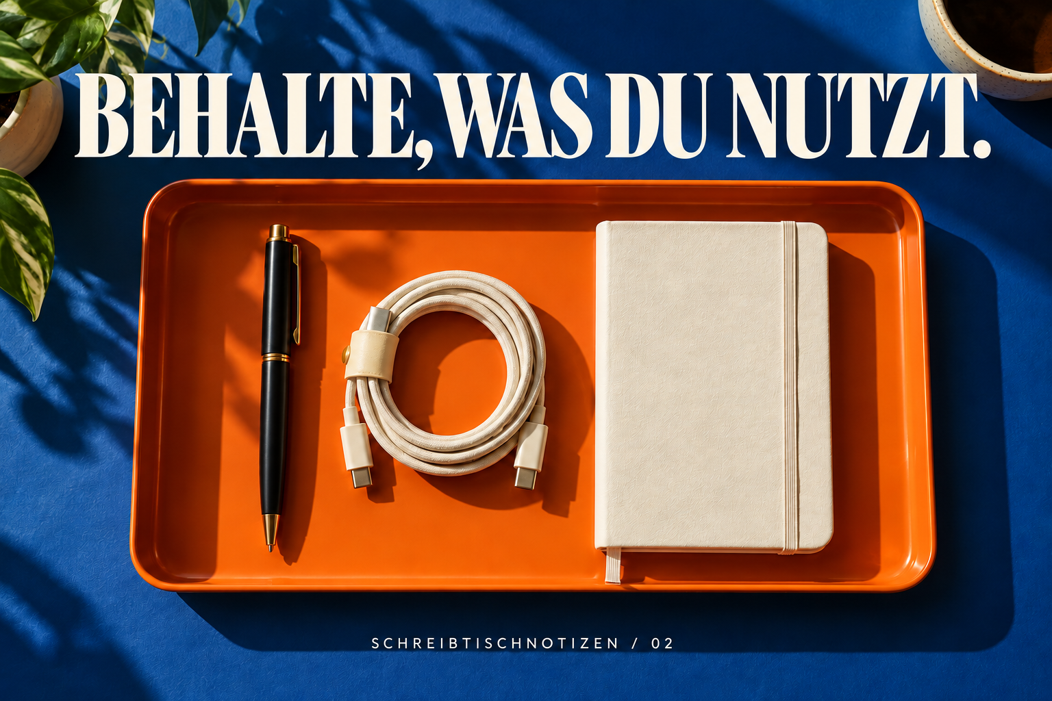 Nützliches behalten: Tablett mit Stift, Kabel und Notizbuch.