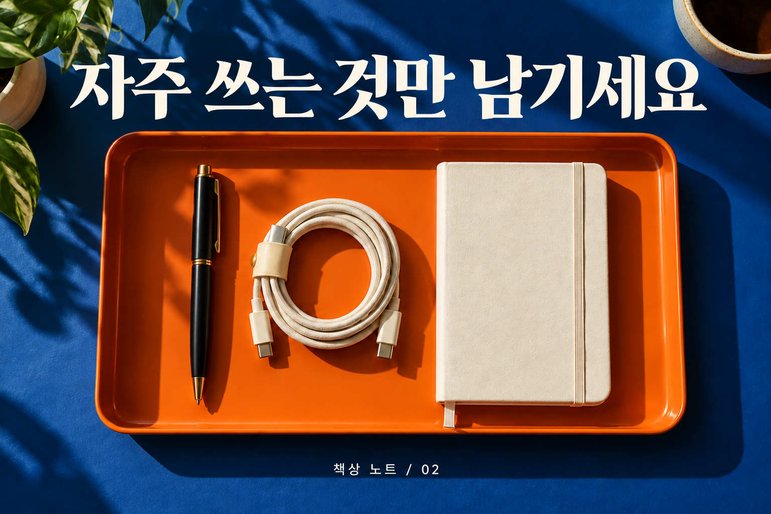 쓰는 것만 남기기: 펜, 케이블, 노트가 놓인 트레이.