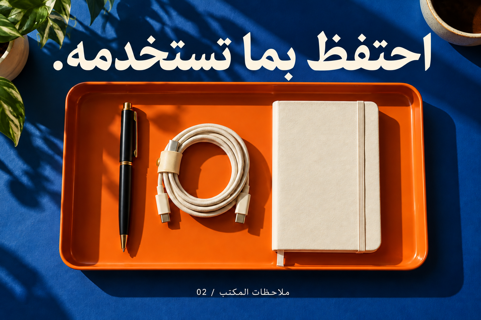 الإبقاء على المستخدم: صينية فيها قلم وكابل ودفتر.