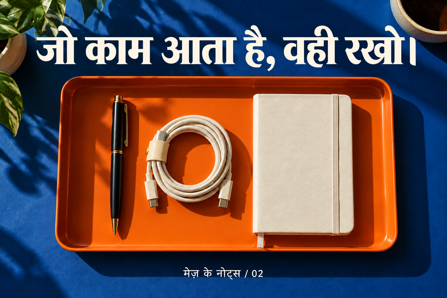 काम की चीज़ें रखो: ट्रे में पेन, केबल और नोटबुक।