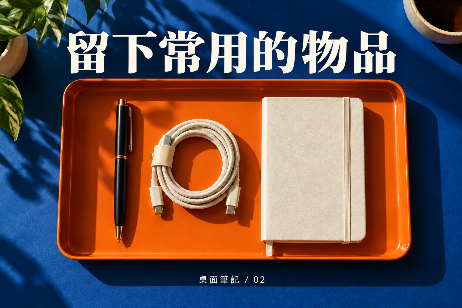 留下常用物品：托盤裡的筆、線材與筆記本。