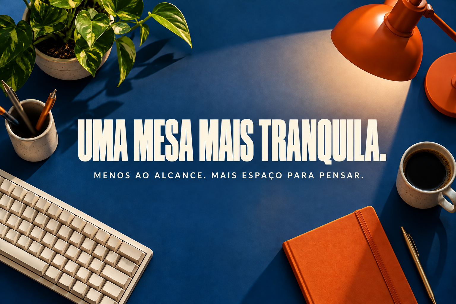 Mesa tranquila: superfície azul-cobalto, teclado creme e caderno laranja.