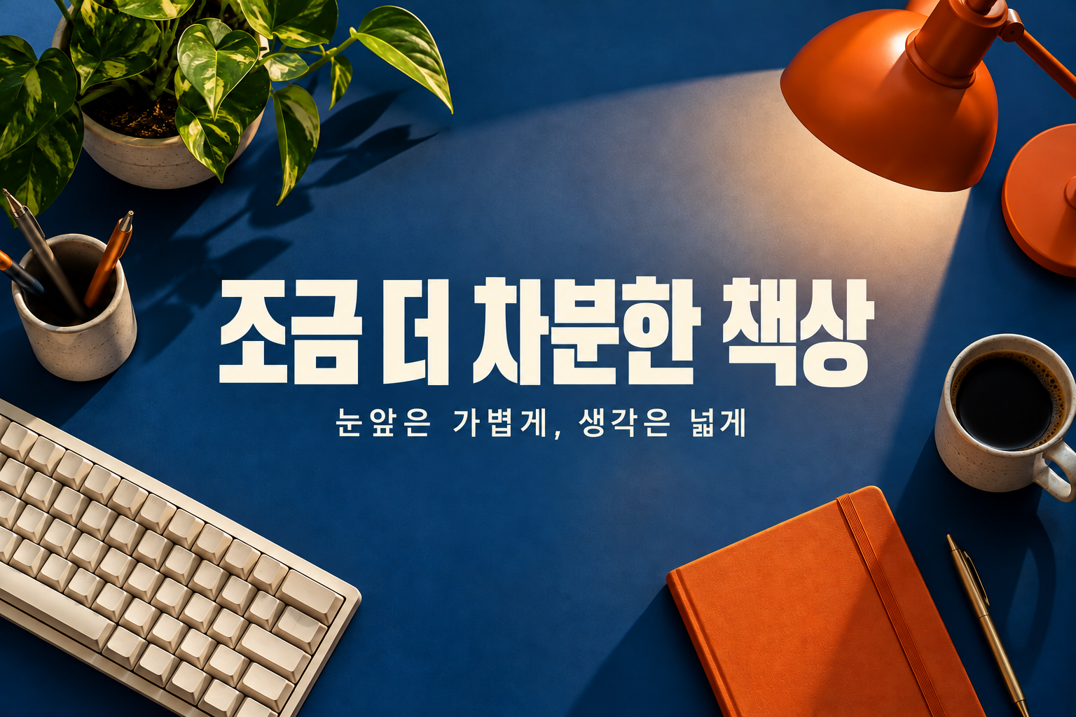 차분한 책상: 코발트블루 책상, 크림색 키보드와 주황색 노트.