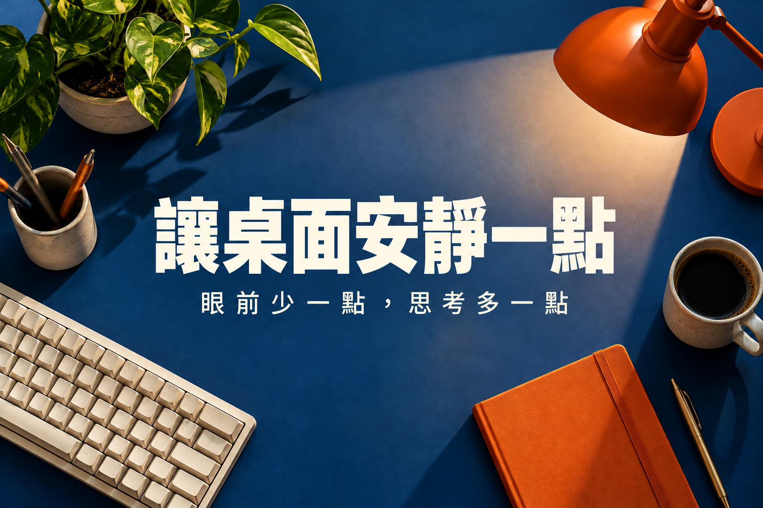 安靜的桌面：鈷藍桌面、米白鍵盤與橘色筆記本。