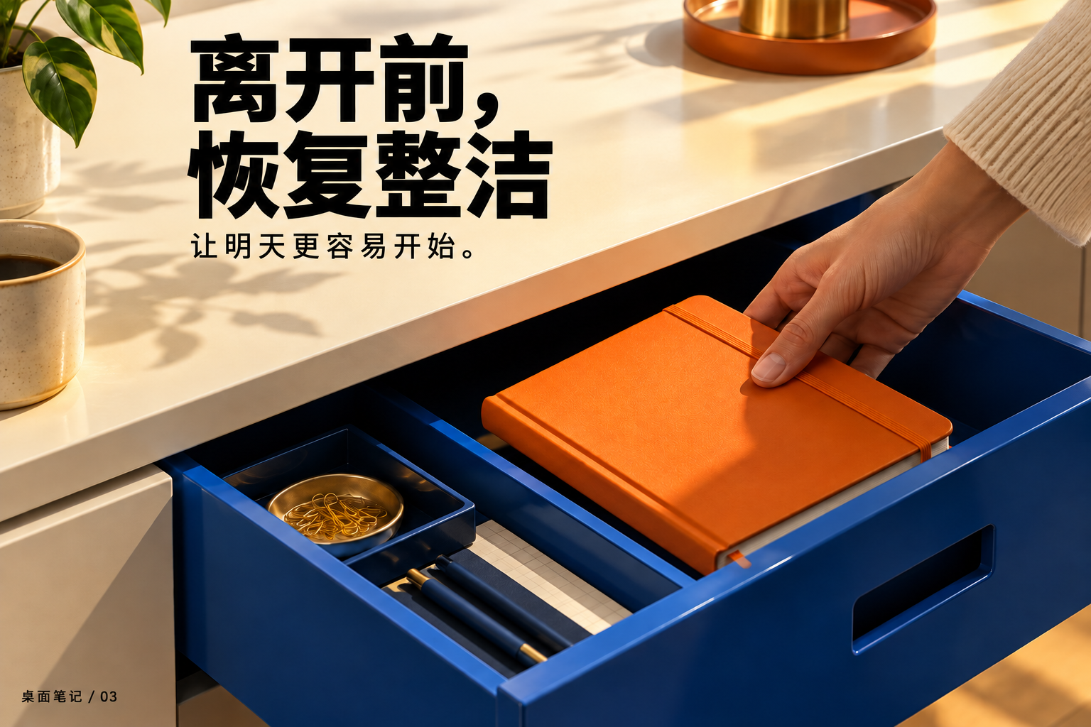 结束前复原：把笔记本收进抽屉。