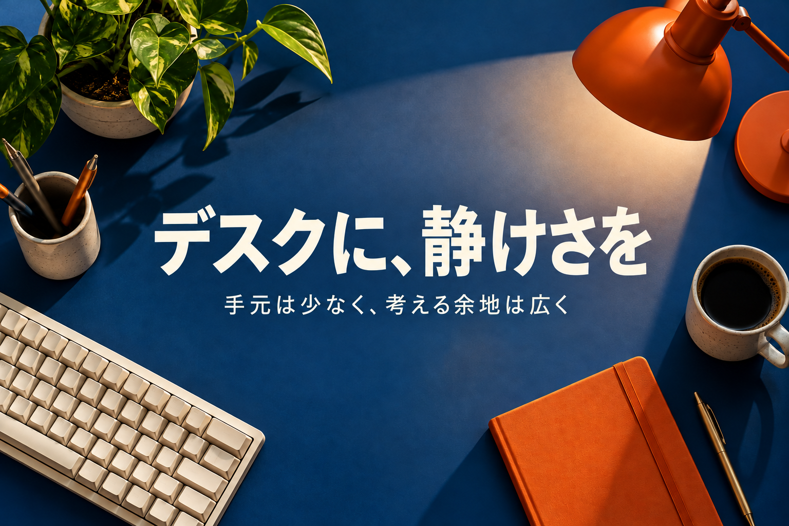 静かなデスク。青い机、クリーム色のキーボード、オレンジのノート。