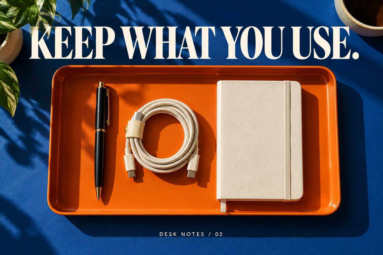 Keep what you use: a tray with a pen, cable and notebook.