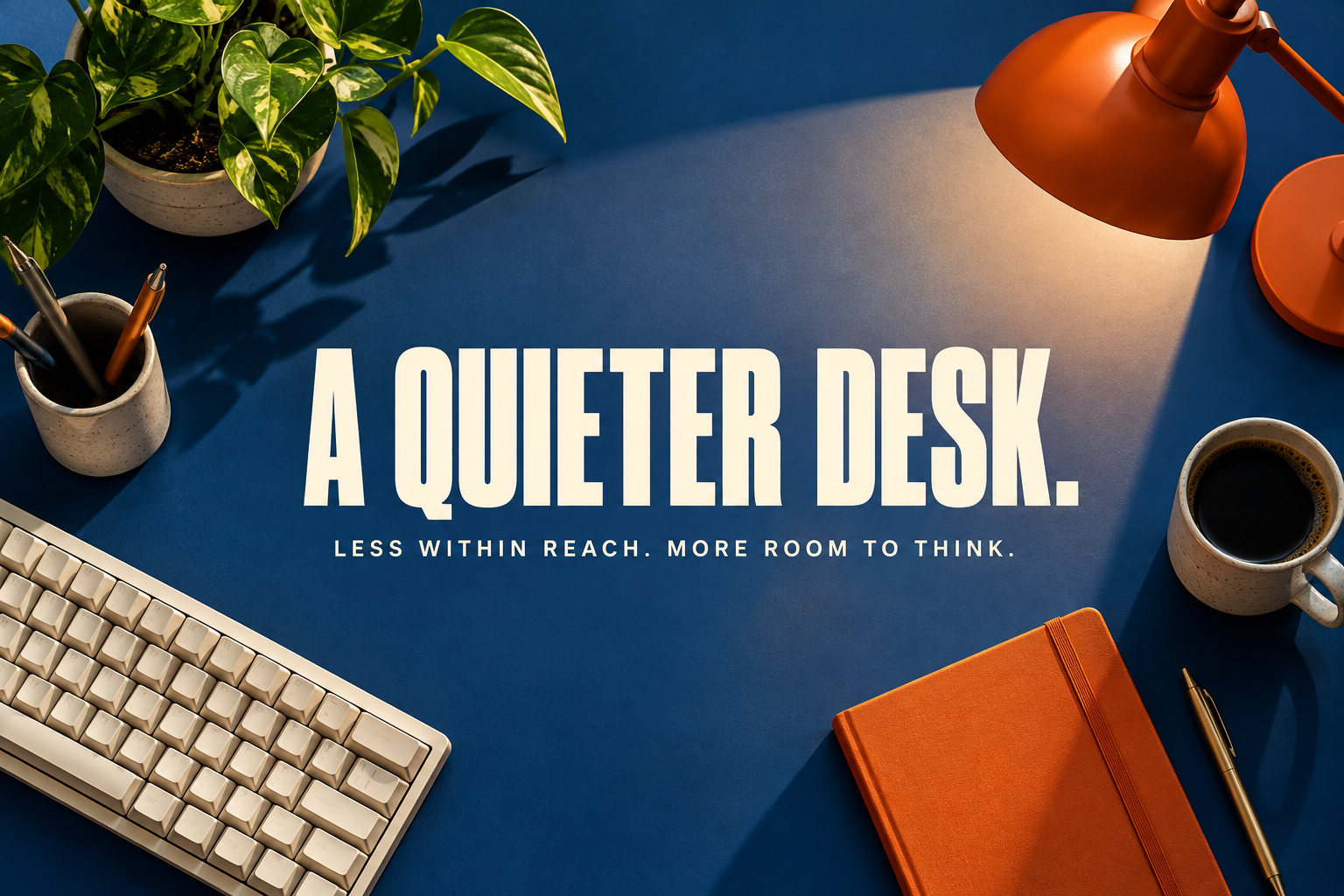 A quieter desk: a cobalt desk, cream keyboard and orange notebook.