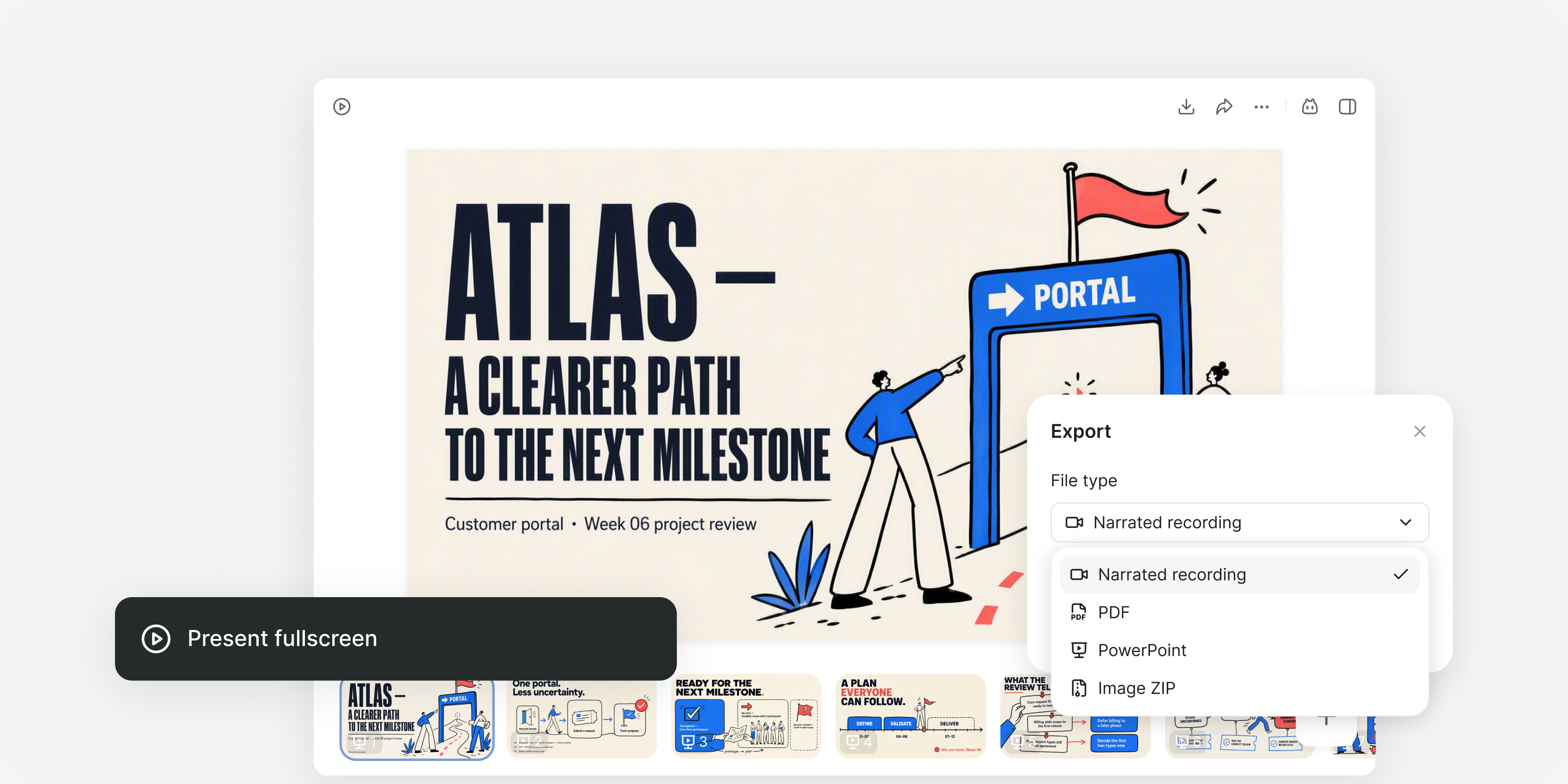 Atlas PPT，提供全螢幕播放與附旁白的視頻匯出選項。