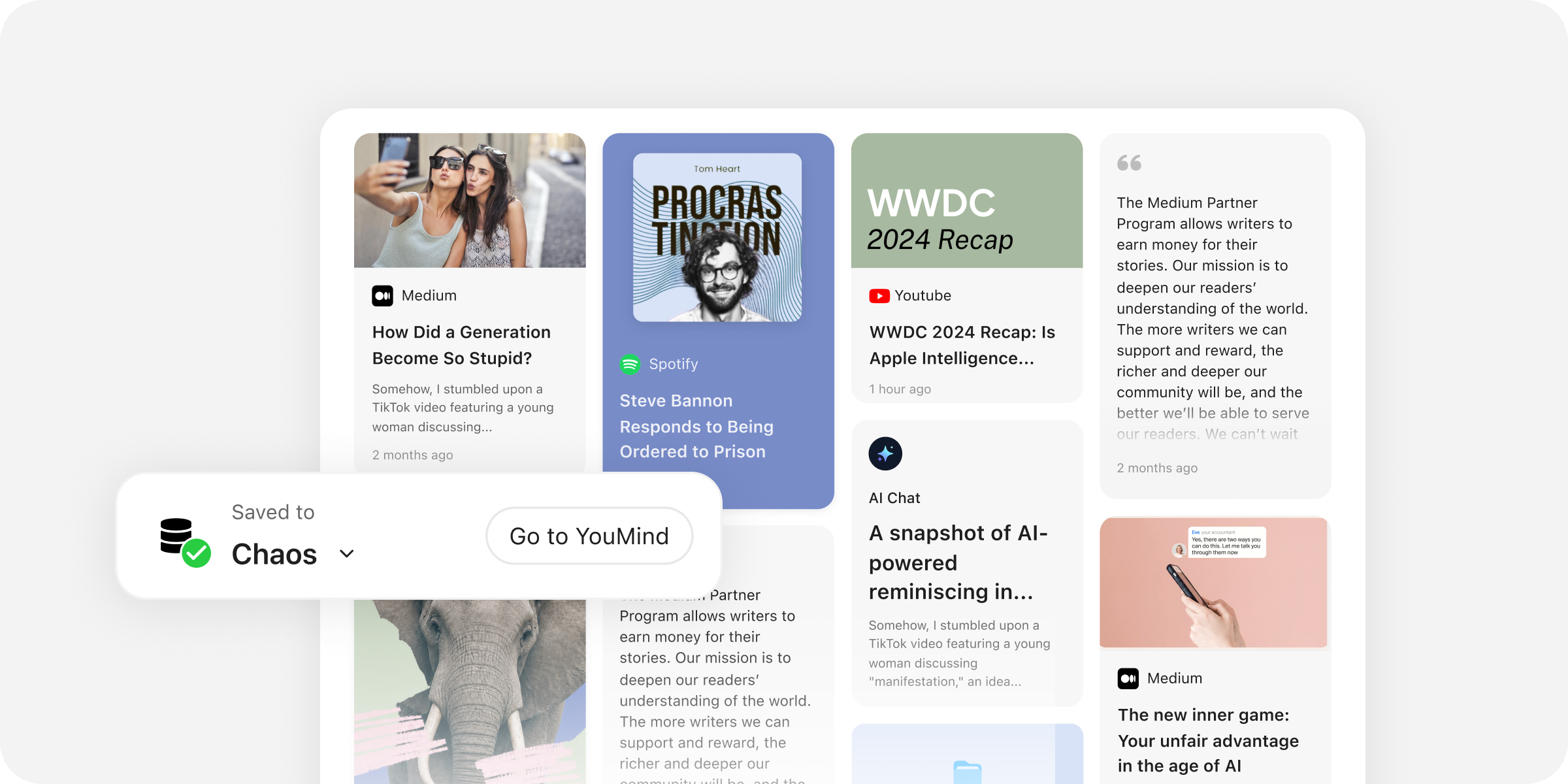Recoger — Páginas web, videos, podcasts, notas y conversaciones de IA recopiladas guardadas juntas en un espacio de trabajo de YouMind