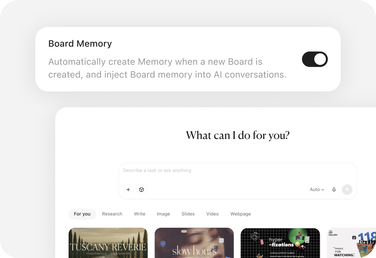 Board Memory de YouMind conserva el contexto del proyecto entre nuevas Tasks