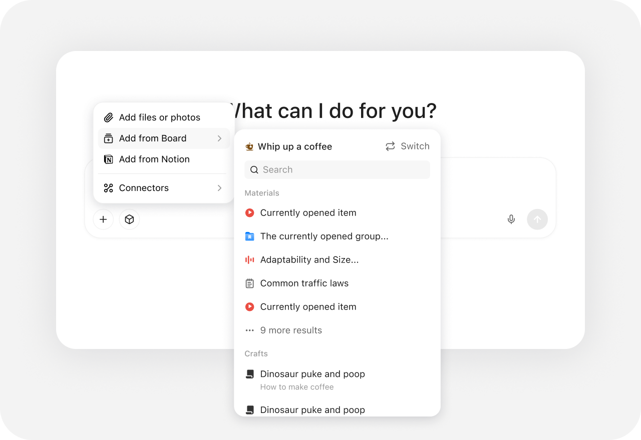 Eine YouMind Task wählt Kontext aus Board-Dateien, Gruppen, Konnektoren, Picks und Notes aus