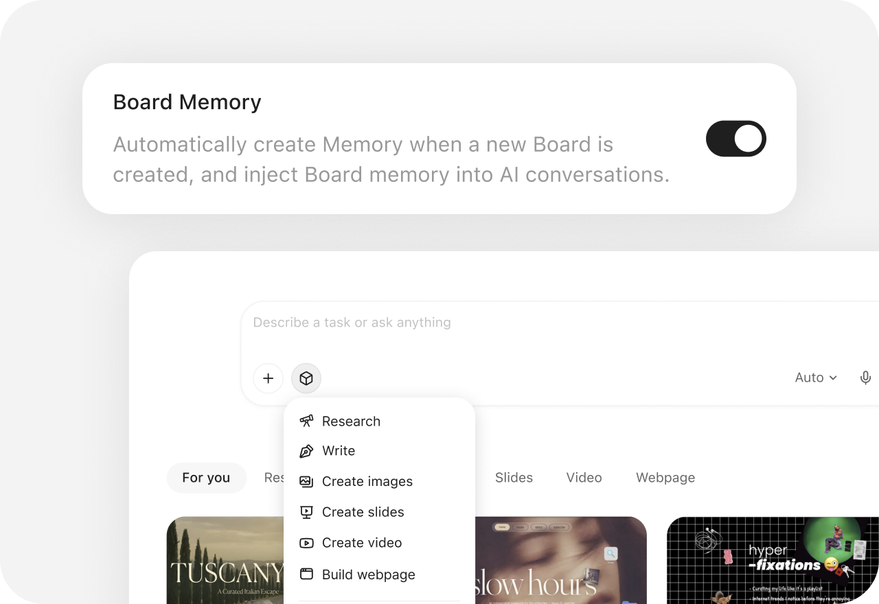 YouMind Board Memory llevando evidencia seleccionada y contexto de investigación a un nuevo Task creativo