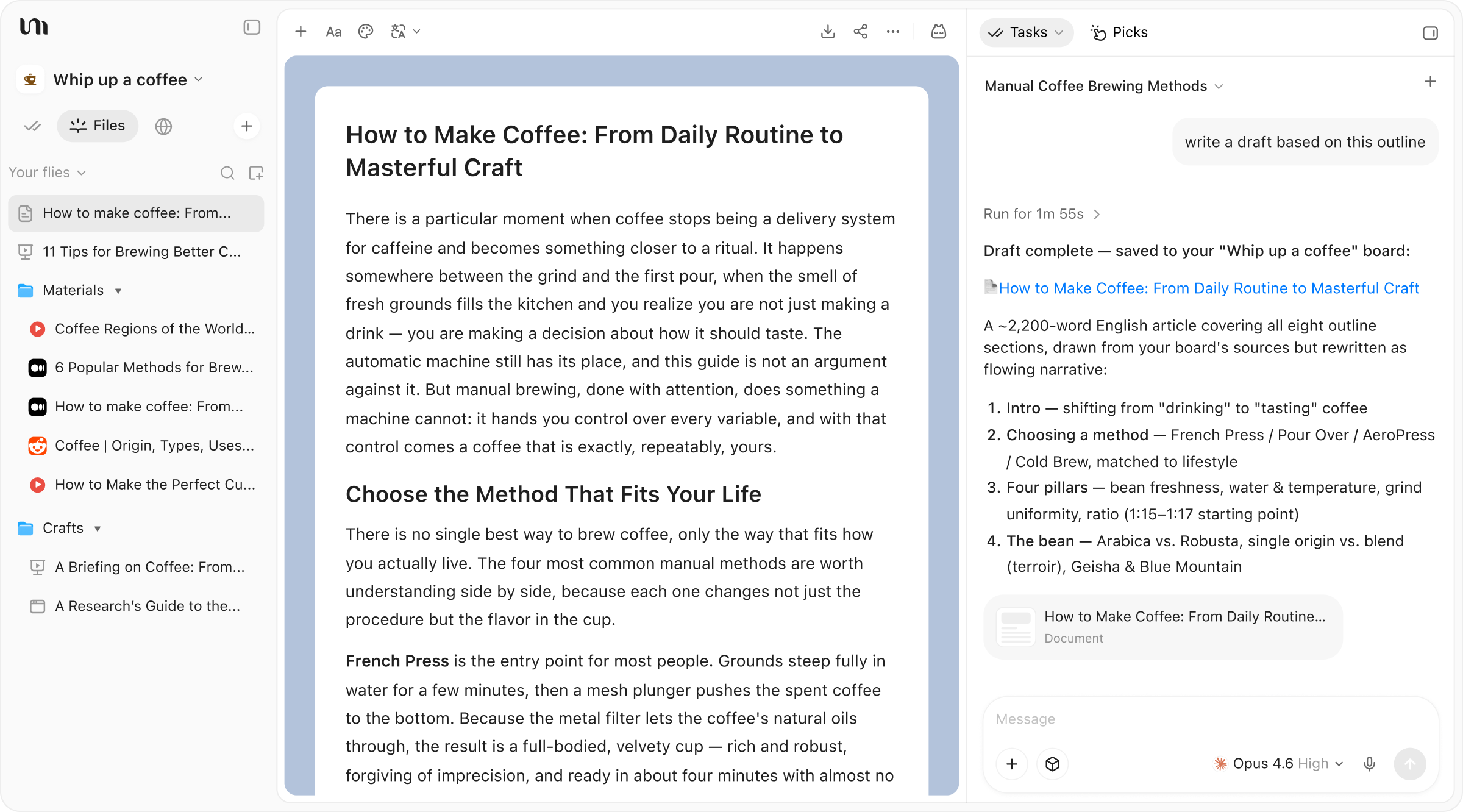 YouMind Board que conecta la investigación del café, Picks, Tasks exactos y un artículo editable con fuente de información