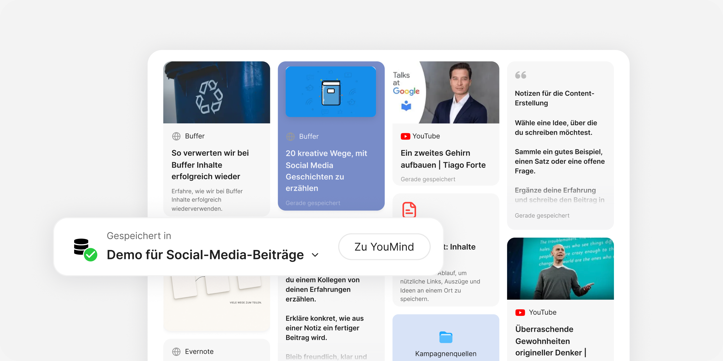 Sammeln: Füge Webseiten, Videos, PDFs, Notizen, Fundstücke oder eine ganze Pinnwand hinzu.