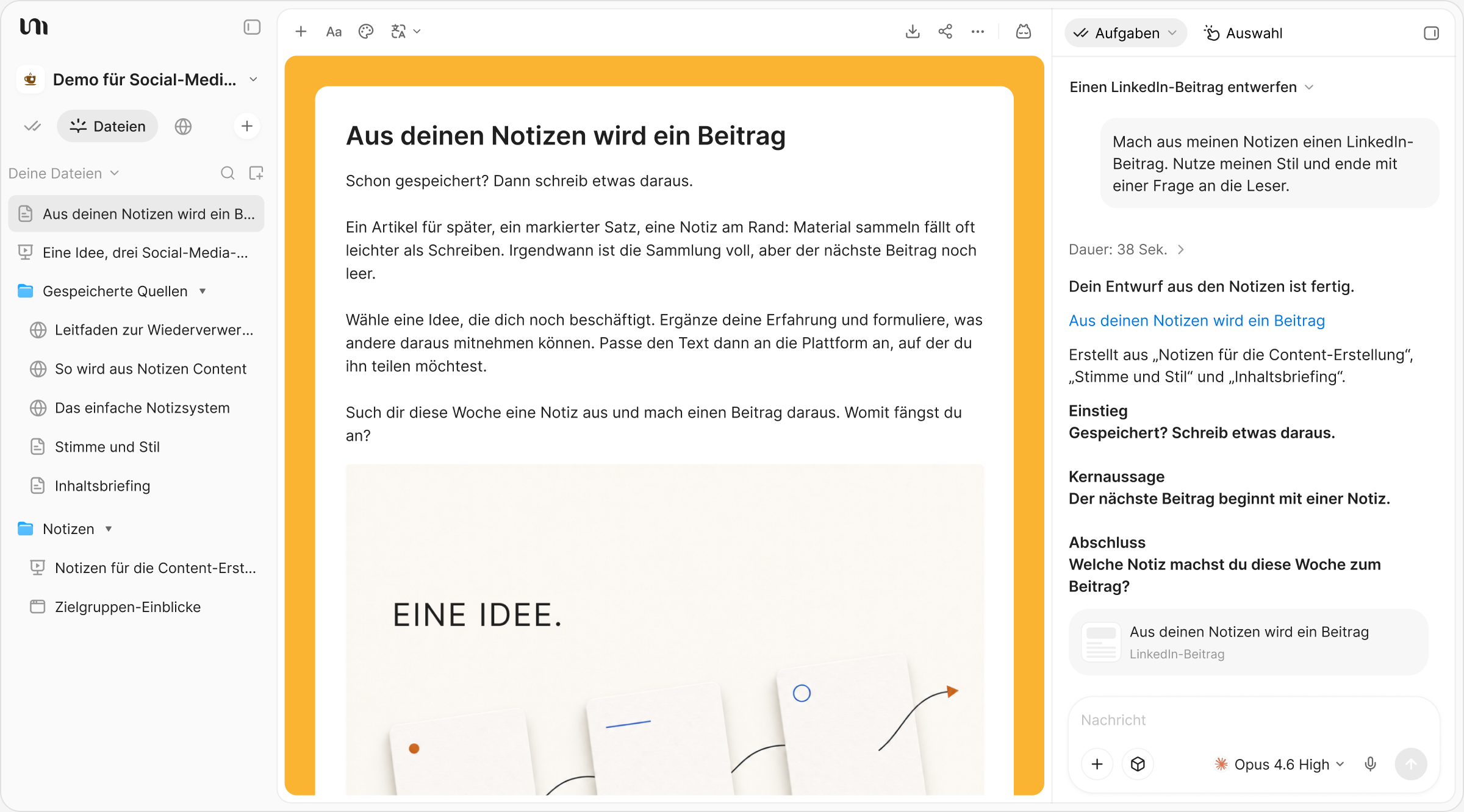 Ein Social-Media-Beitrag mit passendem Bild, erstellt aus gespeicherten Notizen in YouMind